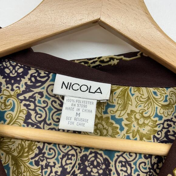 Vintage Y2K 2000s Nicola Brown Green Blue Button Up Belted Blouse Top Medium - Picture 6 of 6